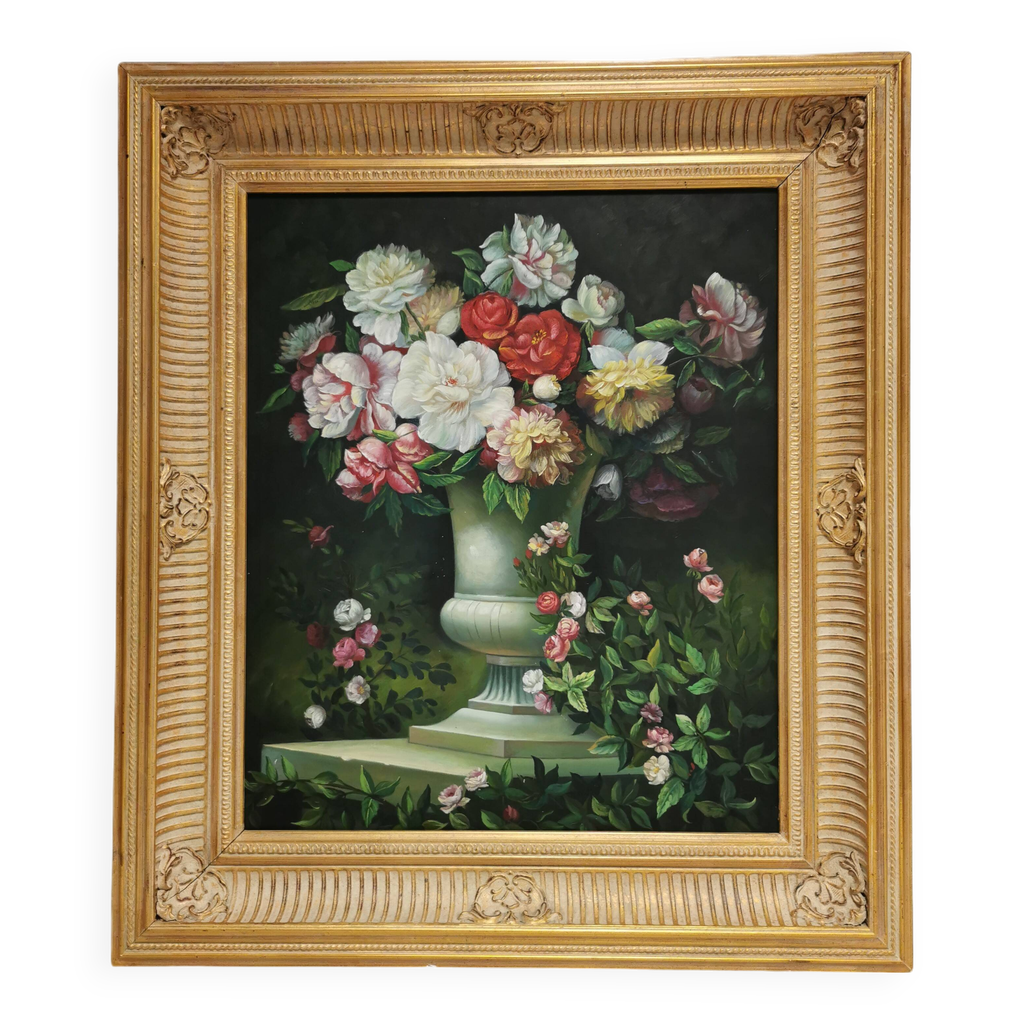 Tableau / huile sur toile , Superbe Bouquet de Fleurs Vase Médicis ...