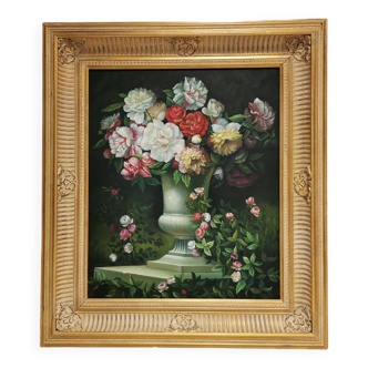 Painting / oil on canvas, Superb Bouquet of Flowers Medici Vase. Golden Frame