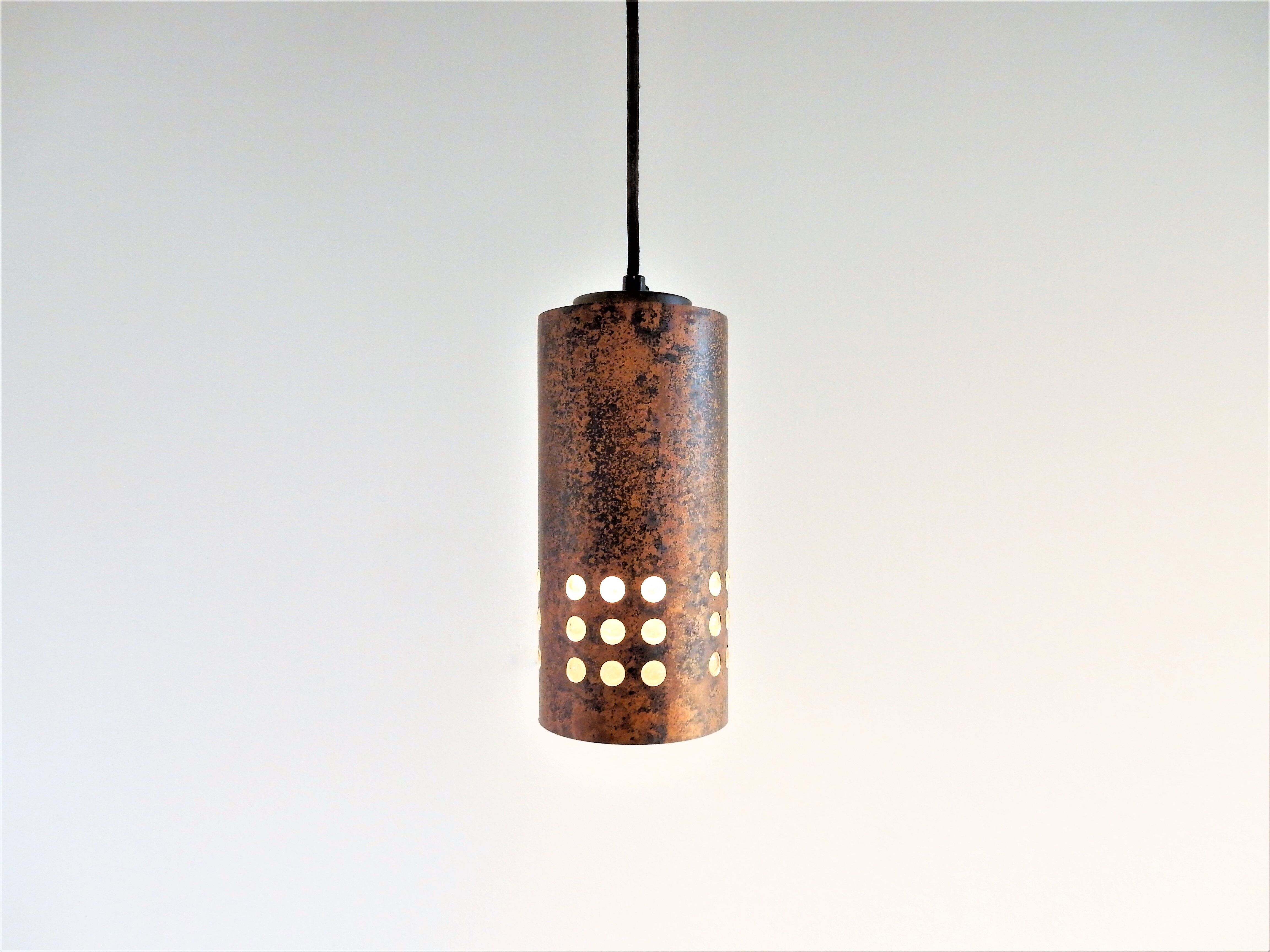 Set of 2 brutalist metal and glass pendant lamps, 1960s