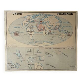 Affiche originale, Carte Scolaire Union Française/Empire Britannique,Éditions Rossignol Années 50-60