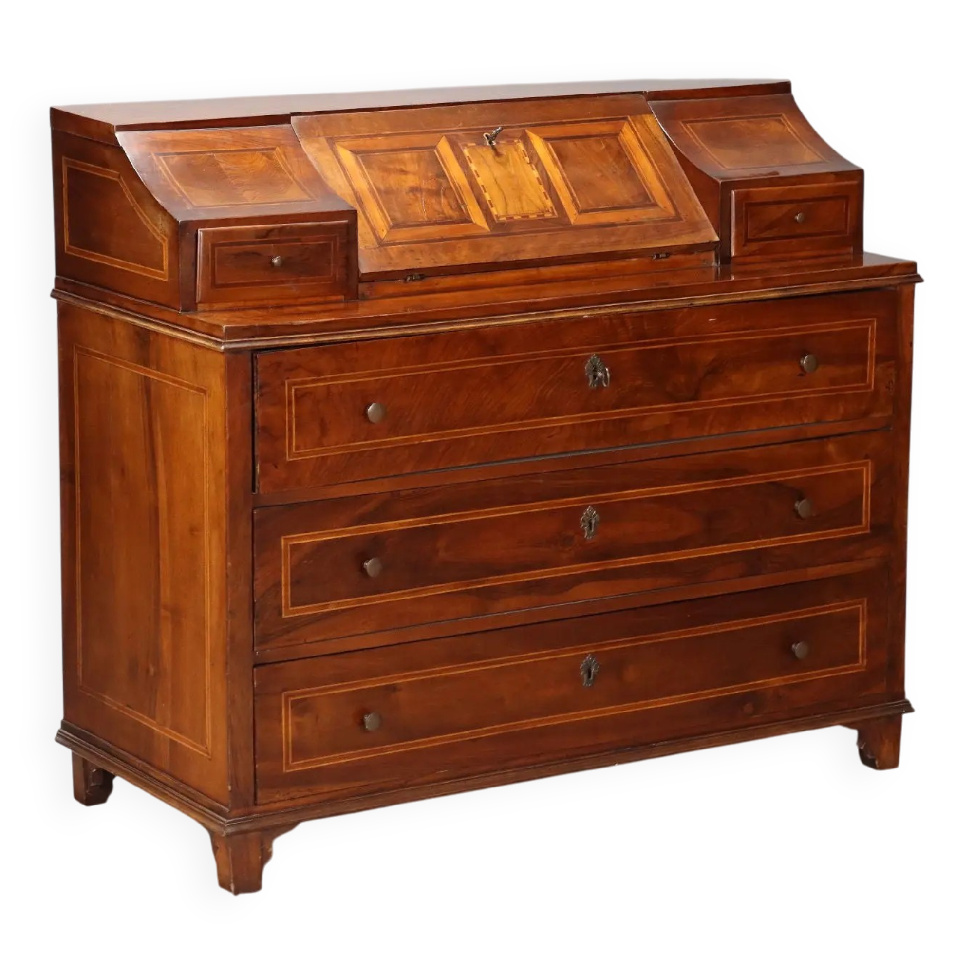 Antique drop-leaf cabinet in maple and bronze, 5 drawers, Italy, 19th century.