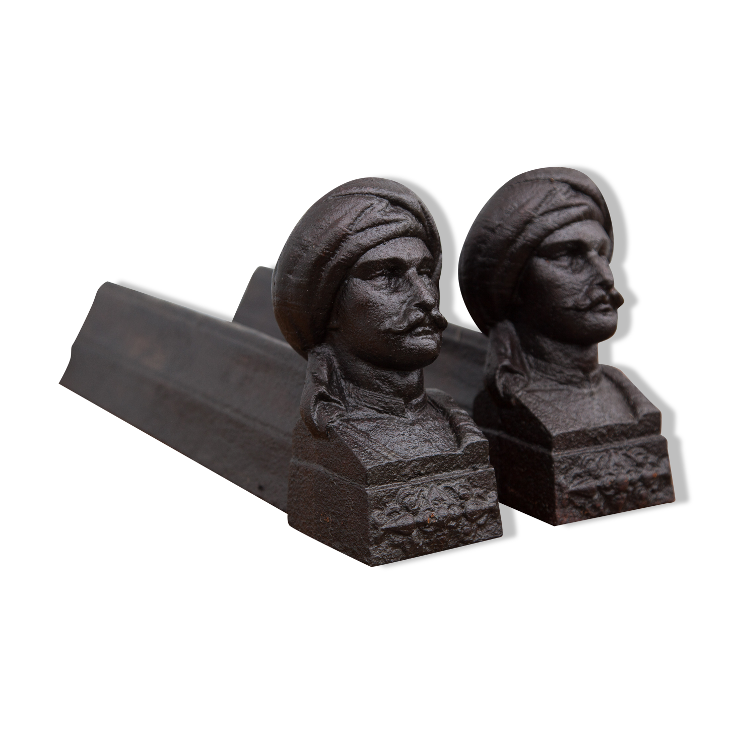 Vintage fireplace chenets, cast-cast chenets with oriental character