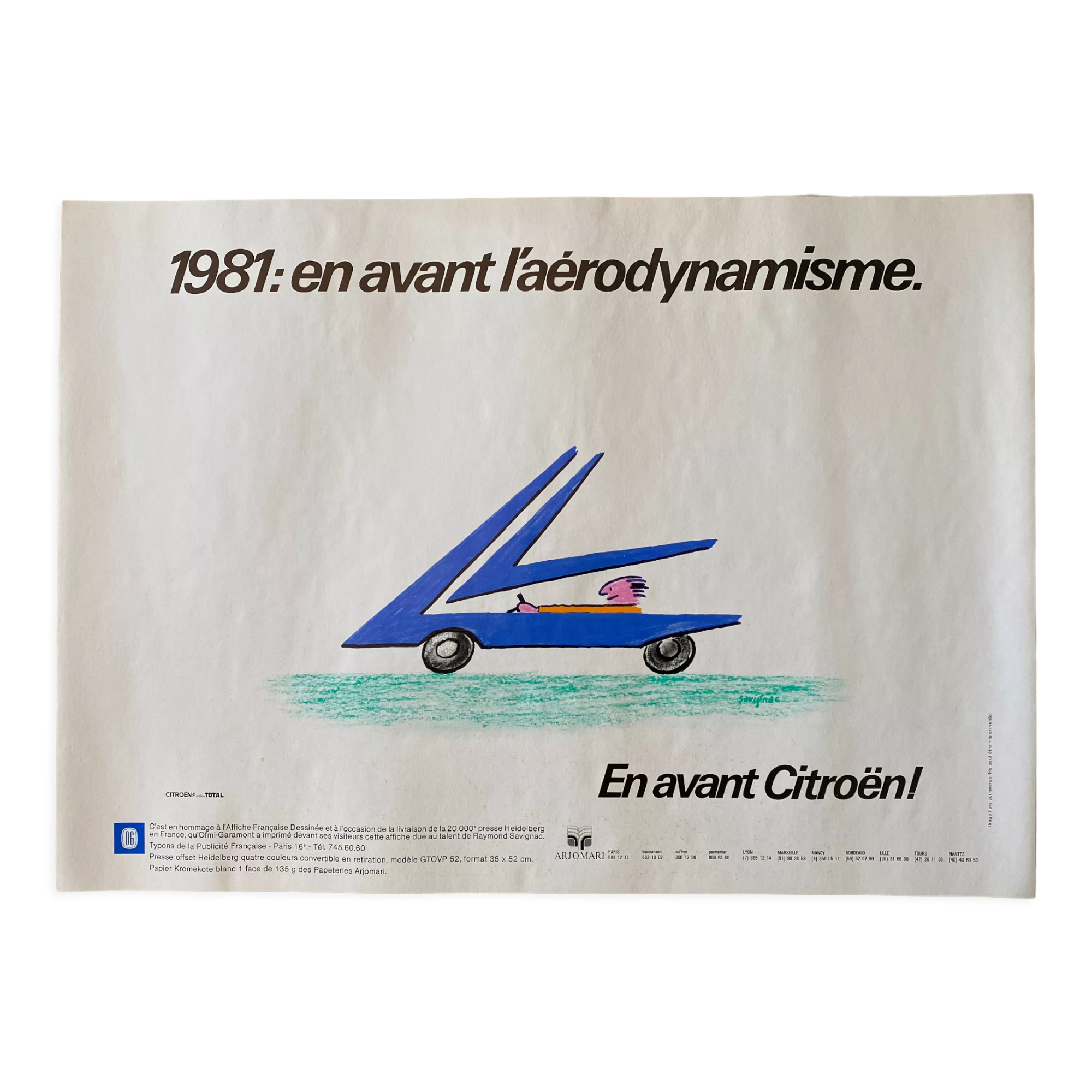 Original poster "En avant Citroën, l'aérodynamiquesme" Raymond Savignac 35x49cm 1981