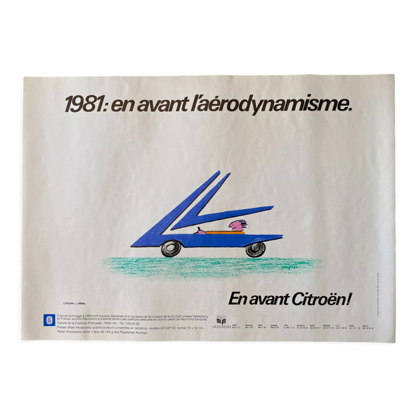 Affiche originale ''En avant Citroën, l'aérodynamisme'' Raymond Savignac 35x49cm 1981