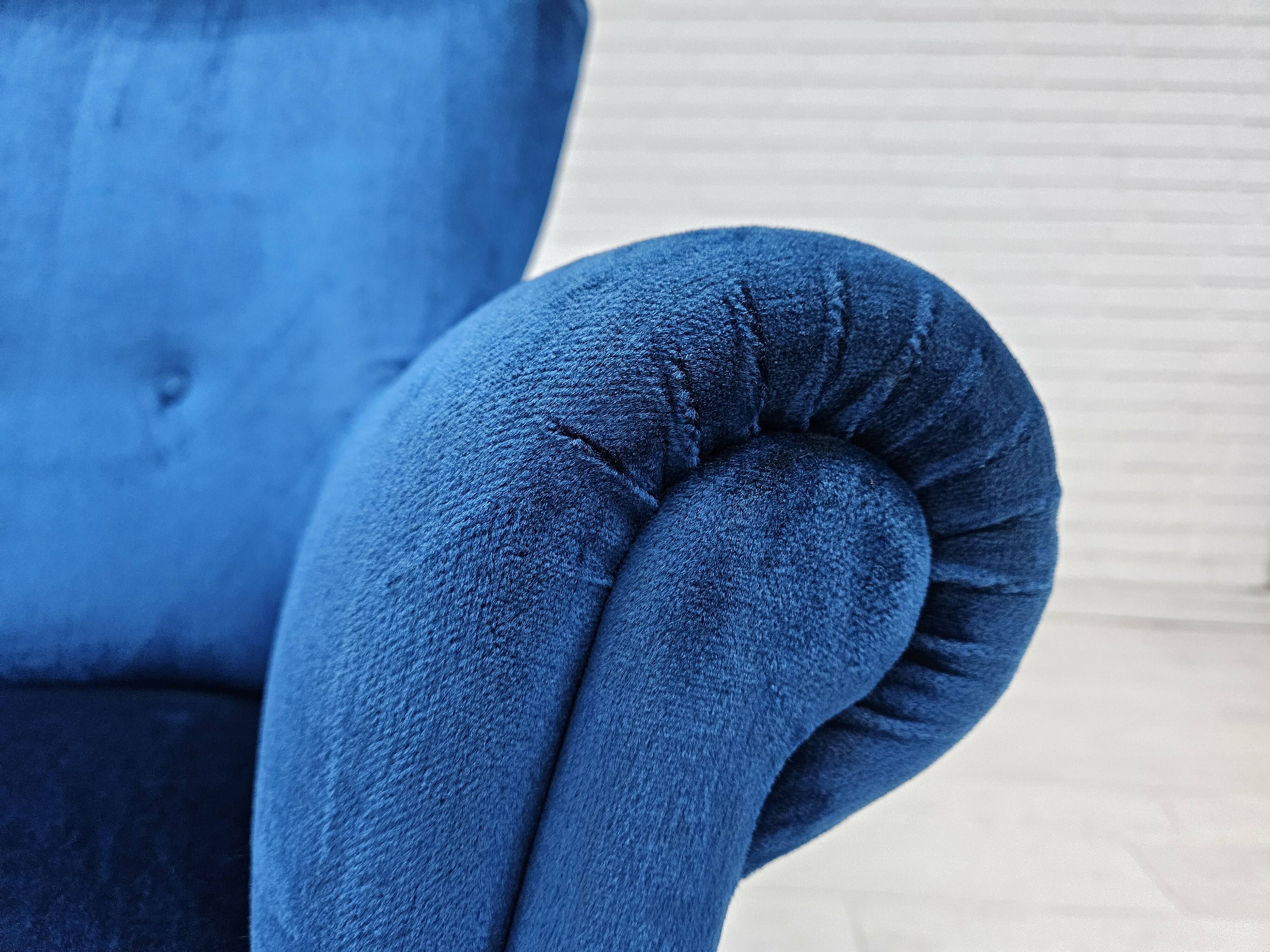 1960s, Danish 3-seater curved sofa, blue furniture velour, beech wood legs.