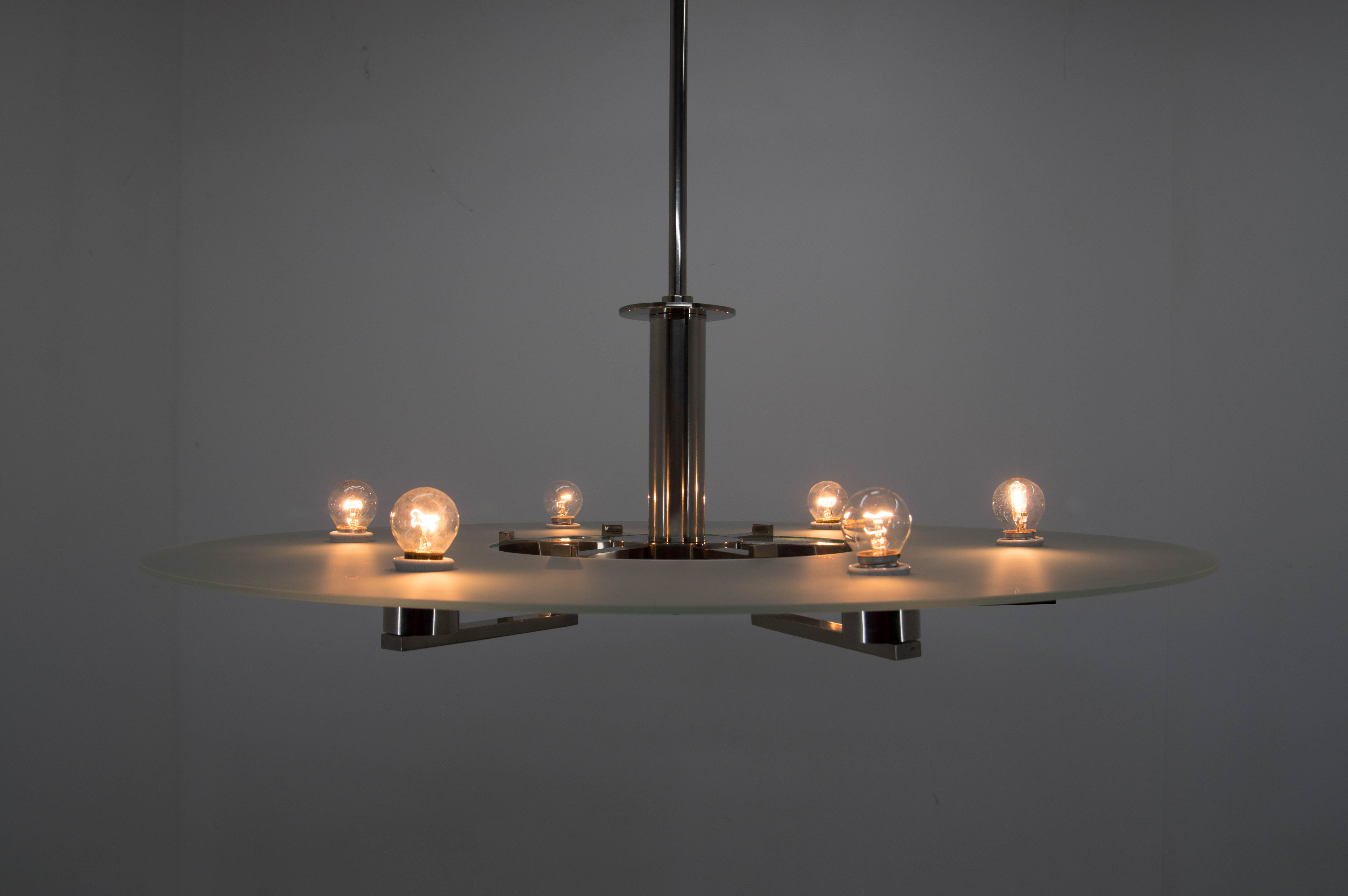 Functionalist 6-flamming Nickel-plated Chandelier, 1930s