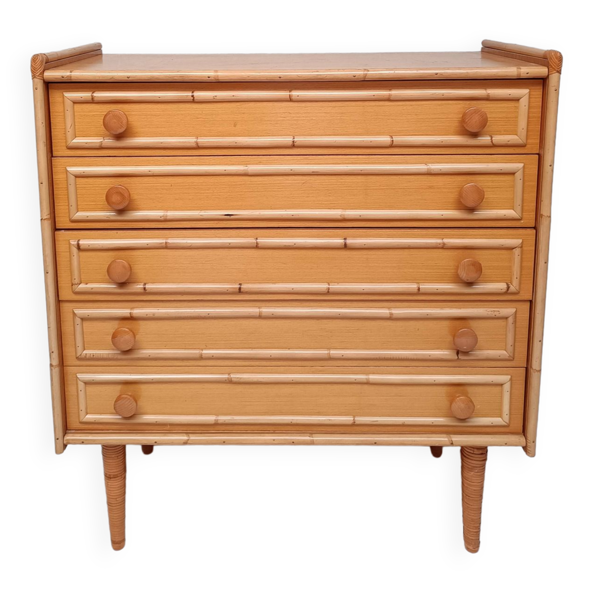 Bamboo and rattan wood chest of drawers from the 60s