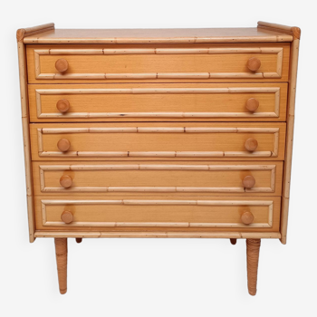 Bamboo and rattan wood chest of drawers from the 60s