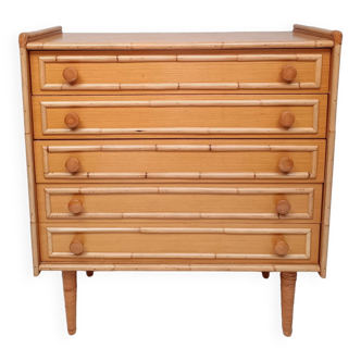 Bamboo and rattan wood chest of drawers from the 60s