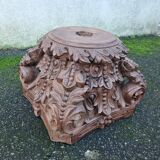 Coffee table with carved wooden base from India, glass top