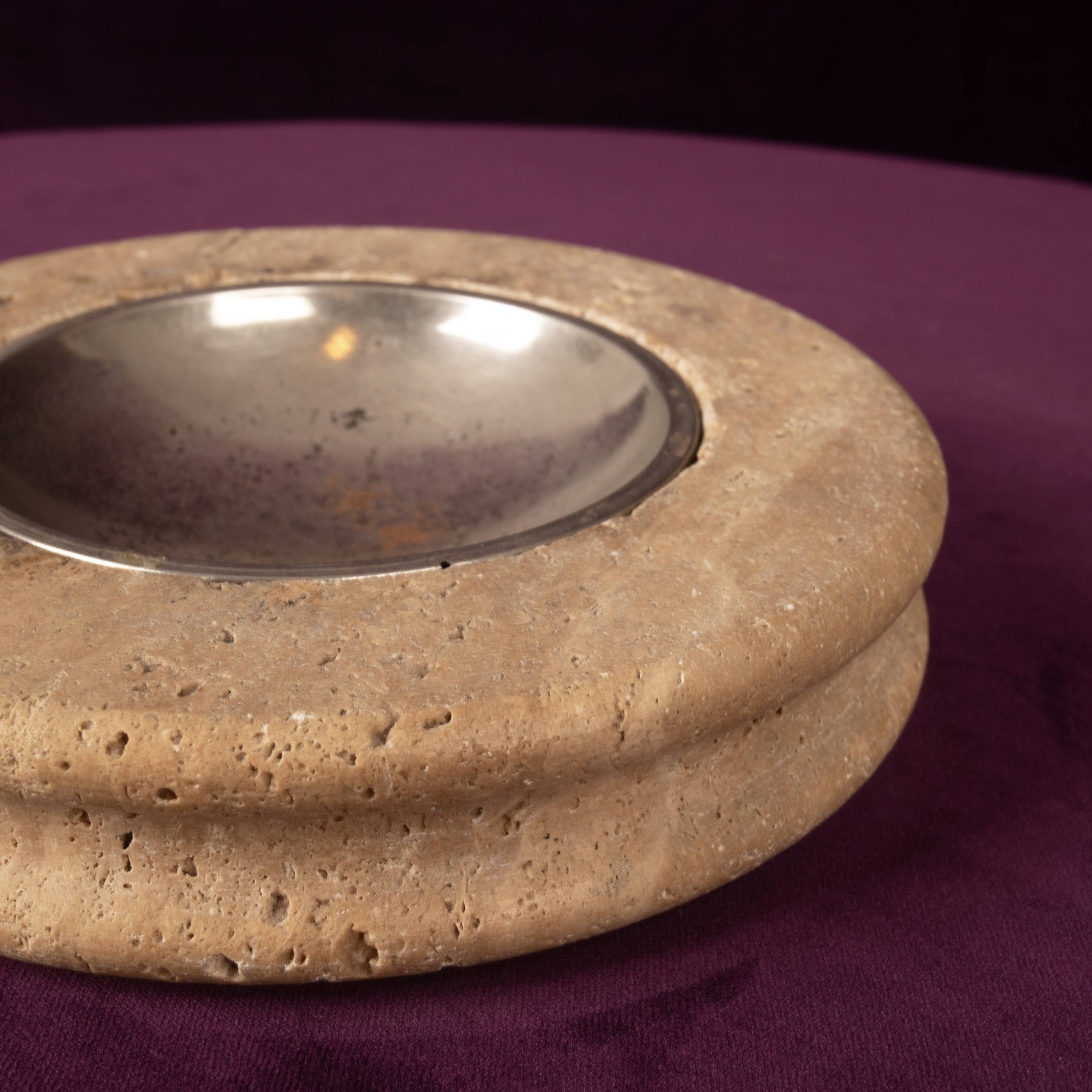 Round Italian Travertine Ashtray with Removable Metal Dish 1970