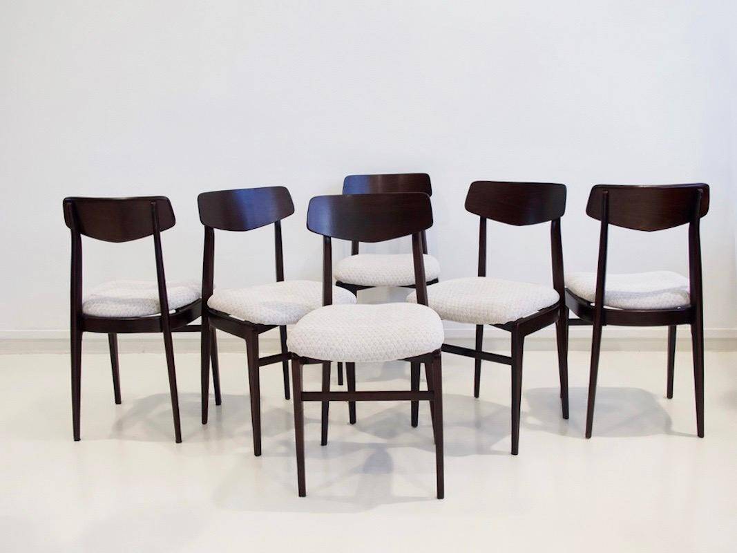 Set of six mid-century Italian wooden dining chairs.