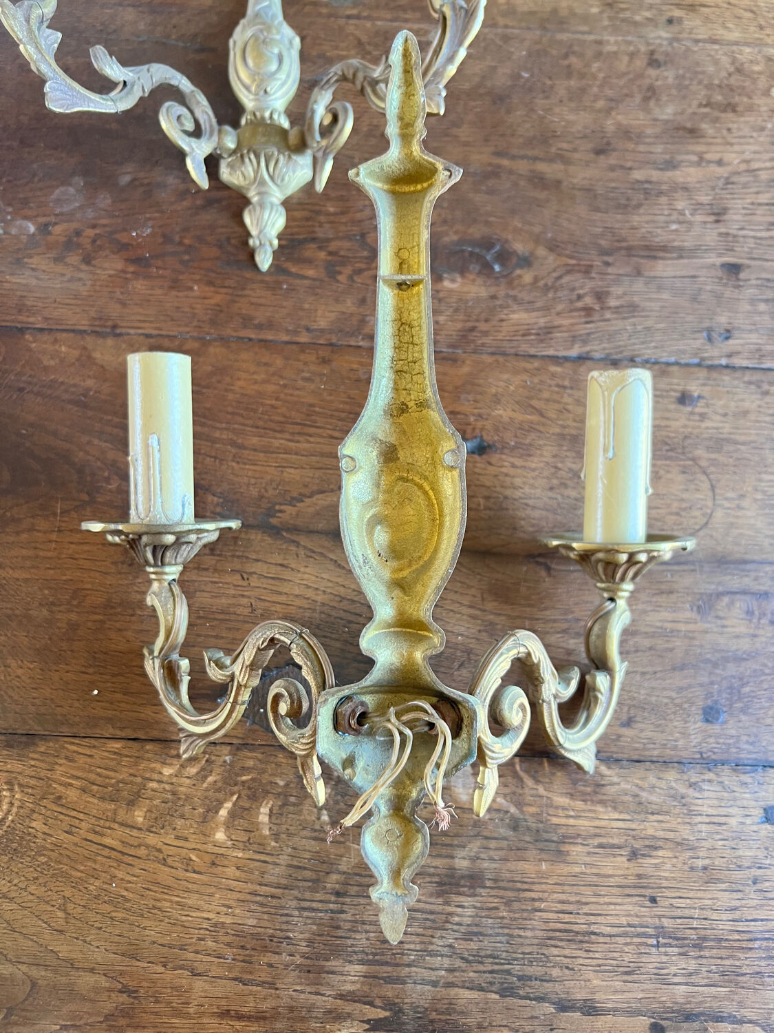 Pair of antique bronze double fire sconces - art nouveau