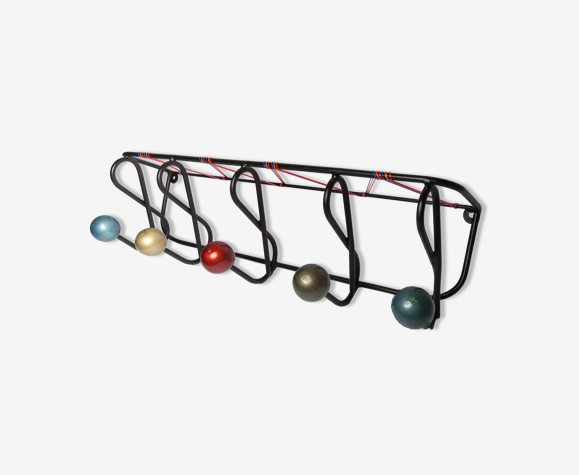 Porte manteau mural 5 boules 1960 métal et bois peint