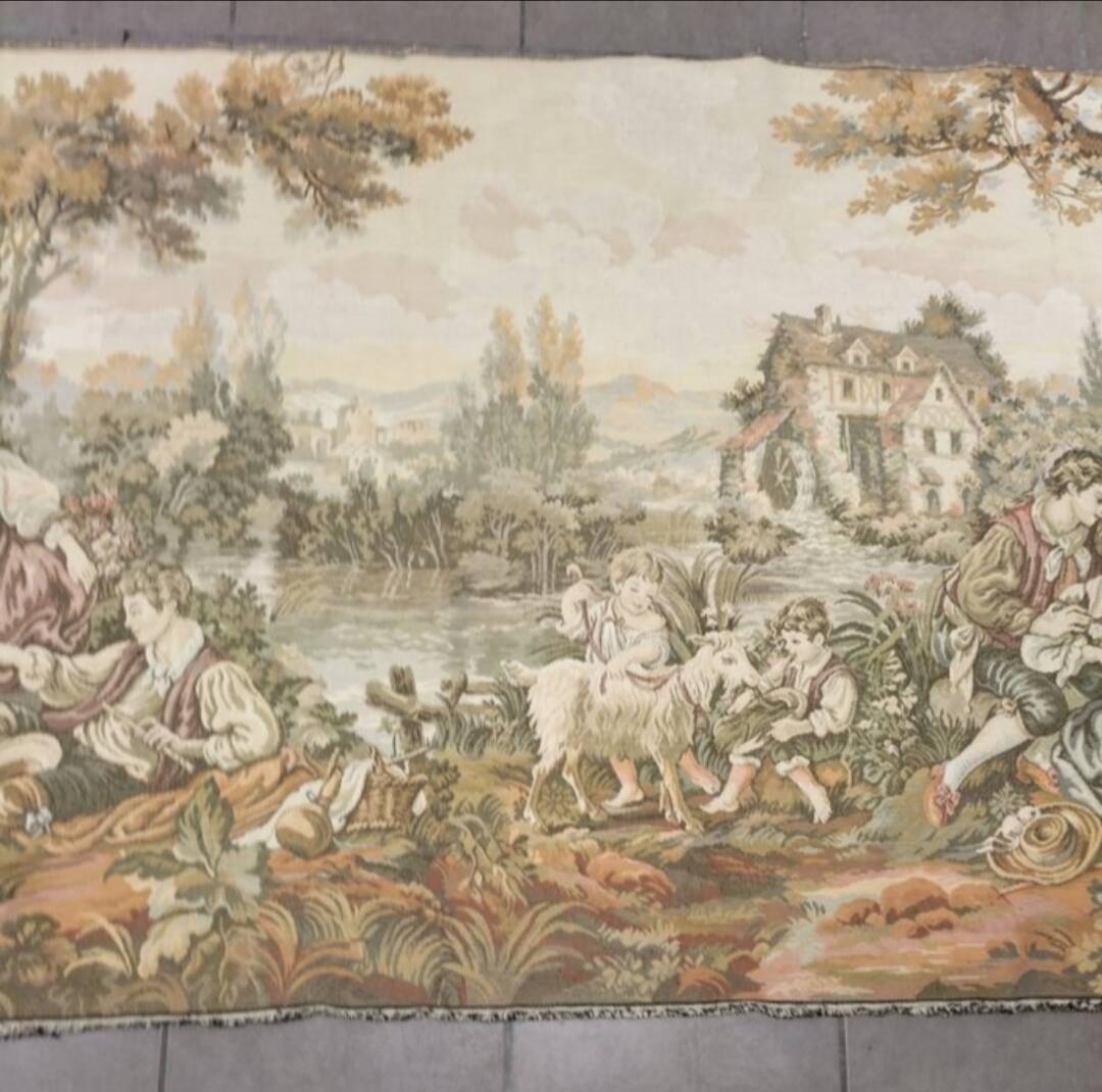 Grande Tapisserie Murale Vintage Française 1980, Coton Floral, 3.3x4.1 Ft - Décoration