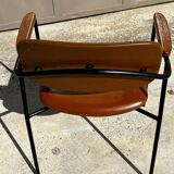 Fauteuil en métal, chêne et simili cuir vintage 1950