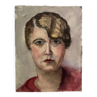 Ecole du XXe siècle, Portrait de femme en rouge. Gouache et mine de plomb sur papier