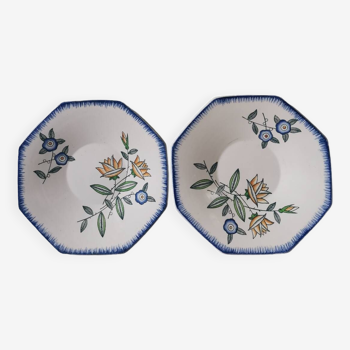Lot de 2 assiettes octogonales vieux longwy vintage motif fleurs peint main