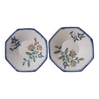 Lot de 2 assiettes octogonales vieux longwy vintage motif fleurs peint main