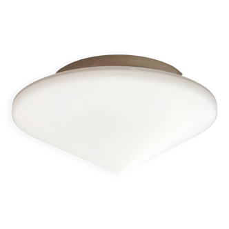 Round white glass ceiling lamp, Penko Pieńsk, Poland 1970s