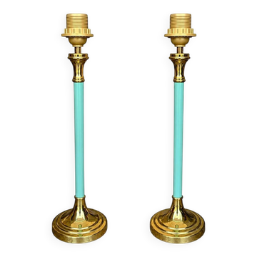2 lampes de table en laiton et acier bleu de Kullmann / années 1970