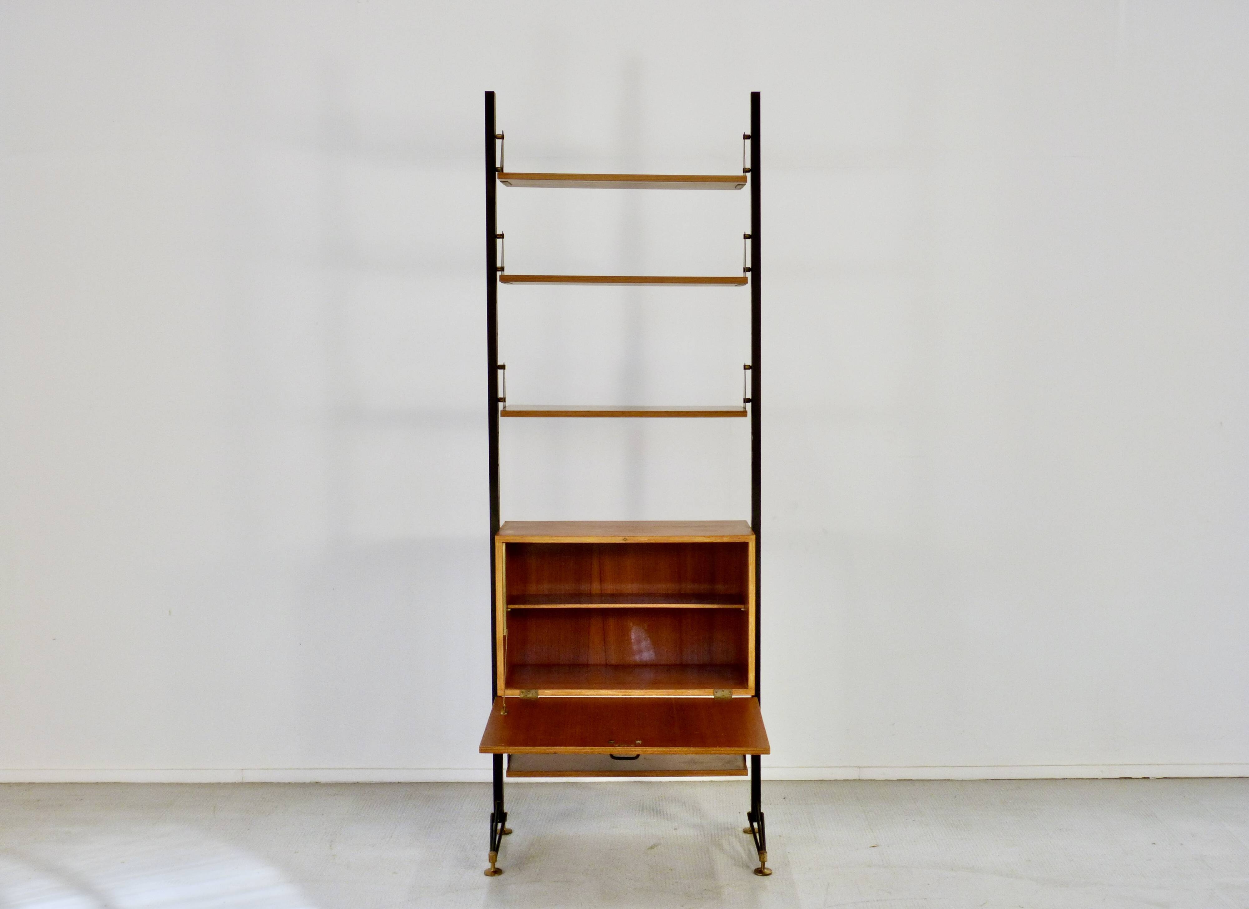 Mid-Century Modern Italian Freestanding Teak and Steel Modular Bookshelf,
