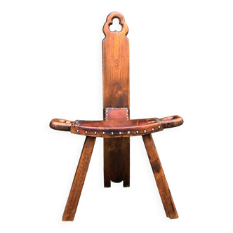 Chaise vintage tripode bois et cuir