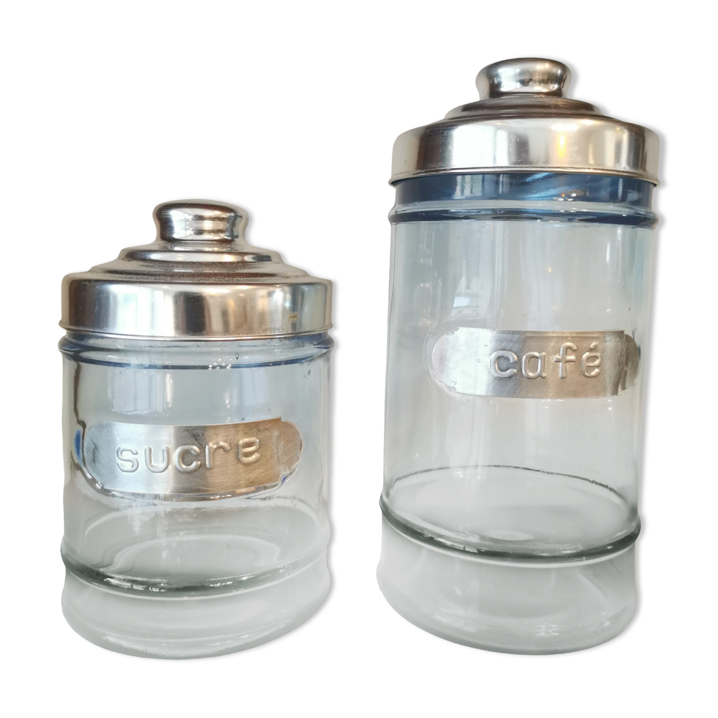 Coffee and sugar jars in blue glass and aluminum
