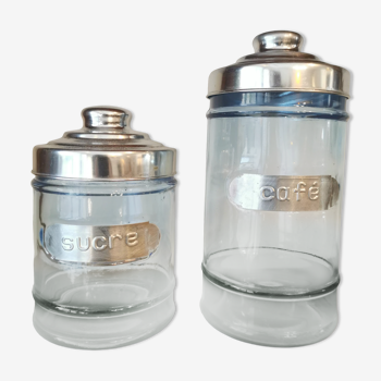 Coffee and sugar jars in blue glass and aluminum