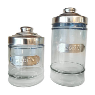 Coffee and sugar jars in blue glass and aluminum