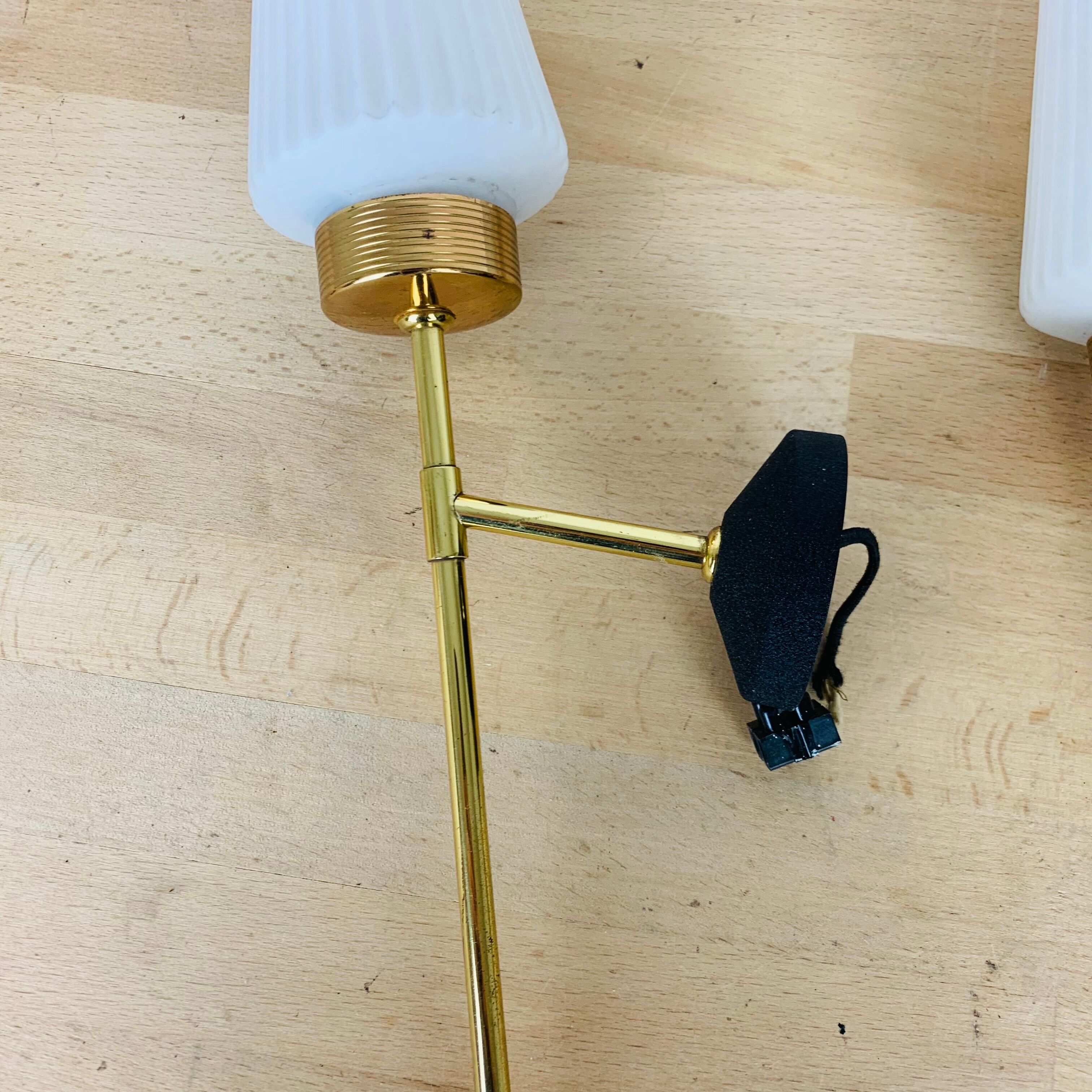 Pair of brass and opaline Lunel sconces, Arlus 50s