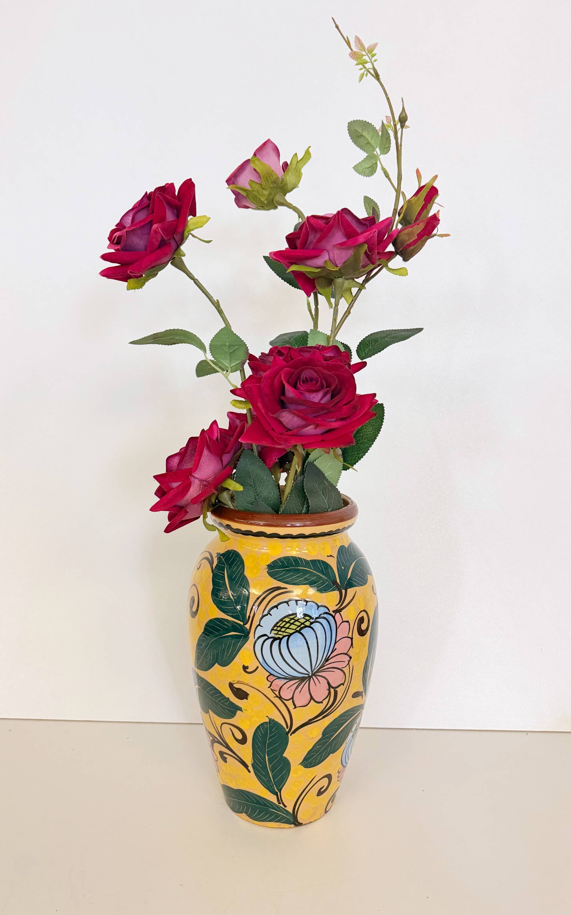 Art Deco Yellow Glazed Earthenware Vase with Futurist Floral Motifs, Italy