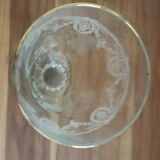 5 white wine glasses etched decorations, golden edge, twisted foot