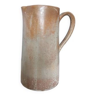 Straight pitcher in beige enamelled stoneware with white drips, handmade 70's