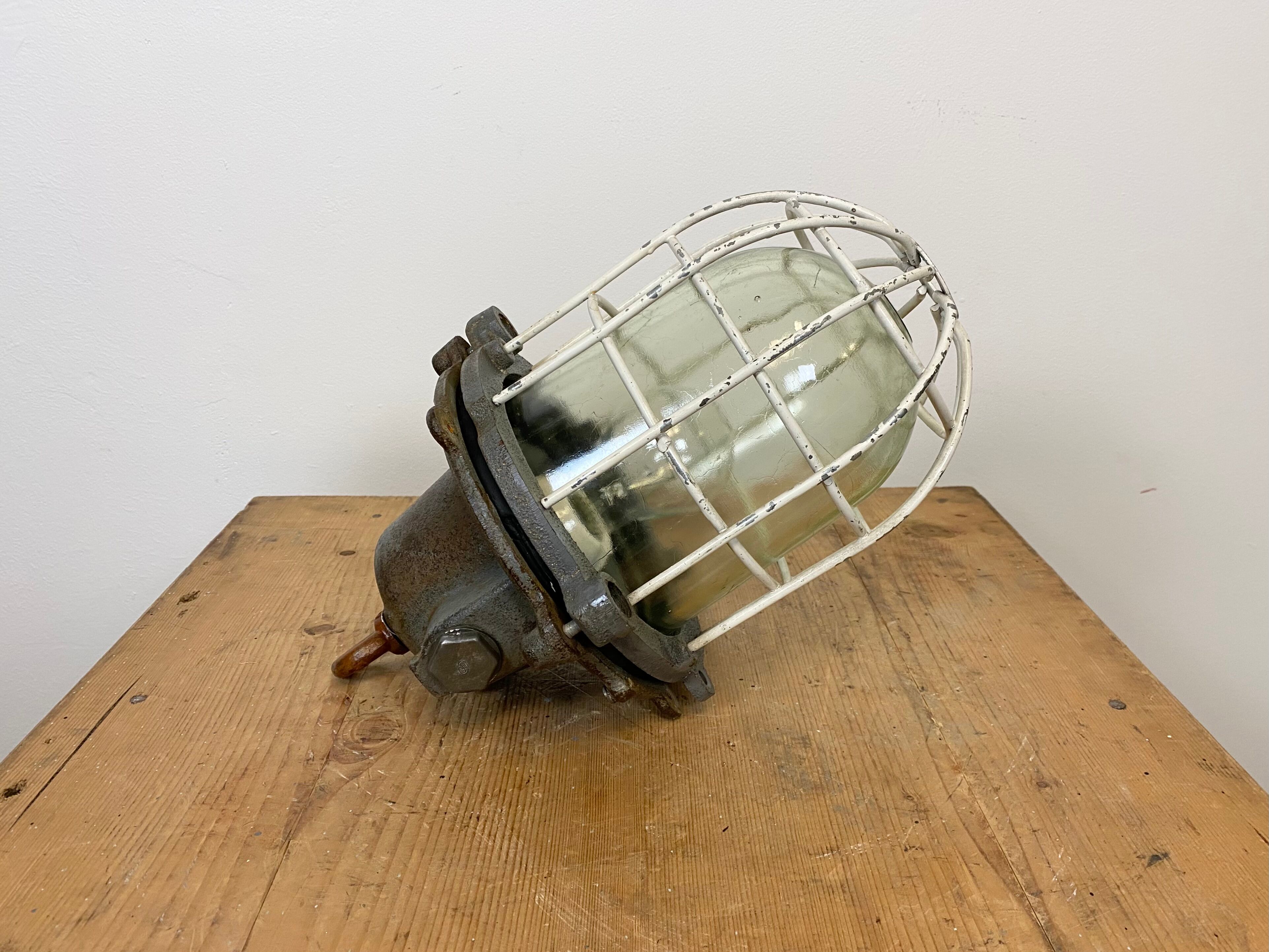 Grey cast iron industrial cage pendant light, 1970s