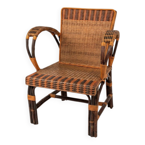Fauteuil bas vintage en rotin & tressage bicolore Années 60