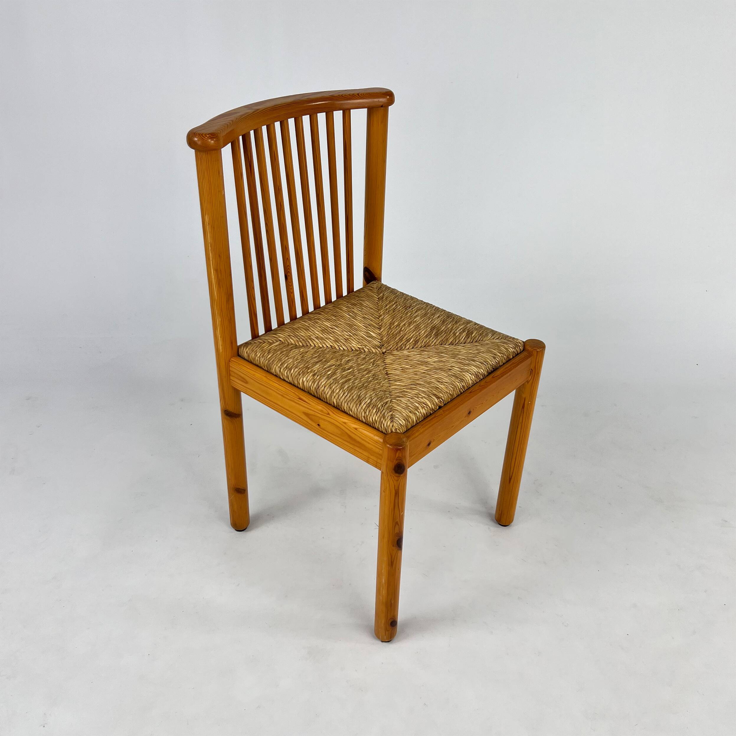 Set of 6 Scandinavian Pine and Rush Dining Chairs, 1970s