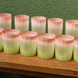 Set of 11 Italian frosted glasses, green and pink, Bormioli