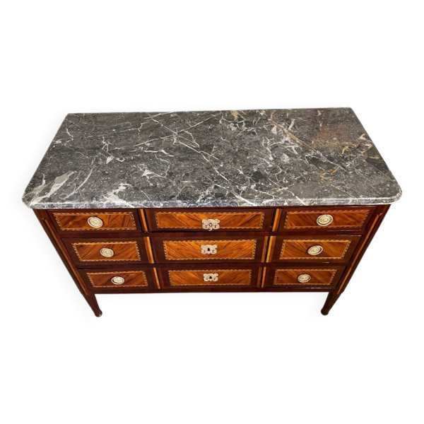 Commode Louis XVI en placage, bronze doré et marbre gris des Ardennes, XVIIIème siècle