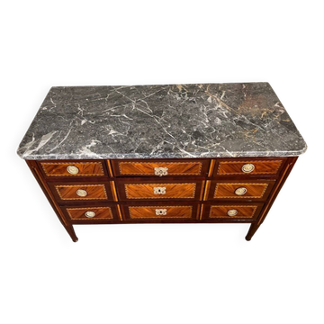Commode Louis XVI en placage, bronze doré et marbre gris des Ardennes, XVIIIème siècle