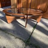 Astro oval coffee table in brown teak with glass top — Victor Wilkins, G-Plan (1960s)