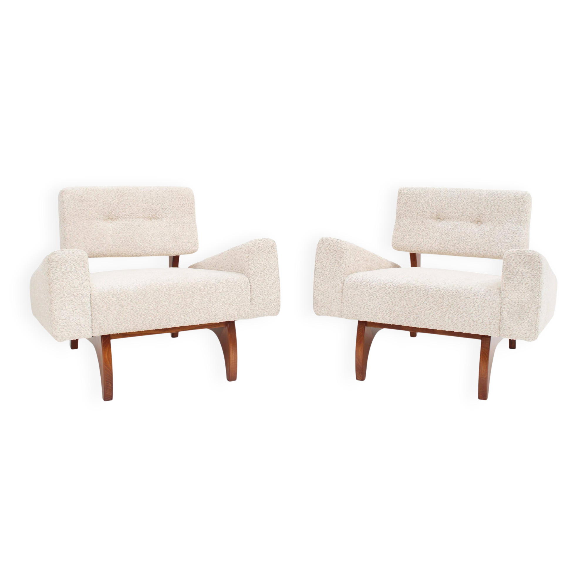 Pair of Italian Contemporary Walnut Armchairs with White Bouclé Upholstery