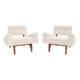 Pair of Italian Contemporary Walnut Armchairs with White Bouclé Upholstery