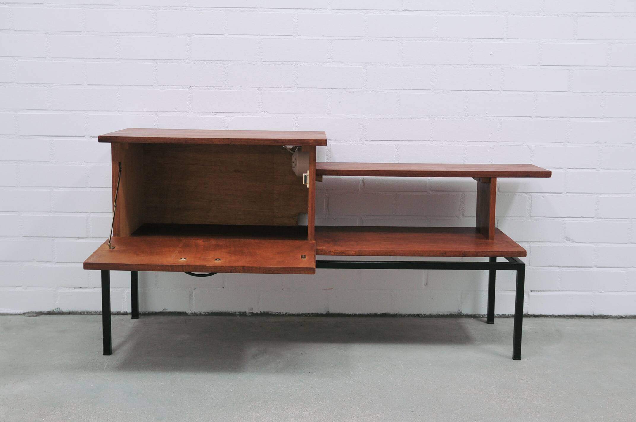 vintage teak TV cabinet metal frame