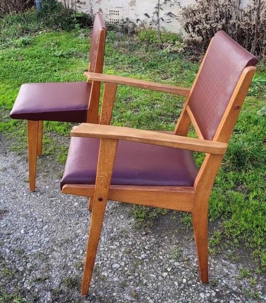 Pair chair/armchair wood and burgundy skaï, 50s