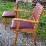 Pair chair/armchair wood and burgundy skaï, 50s