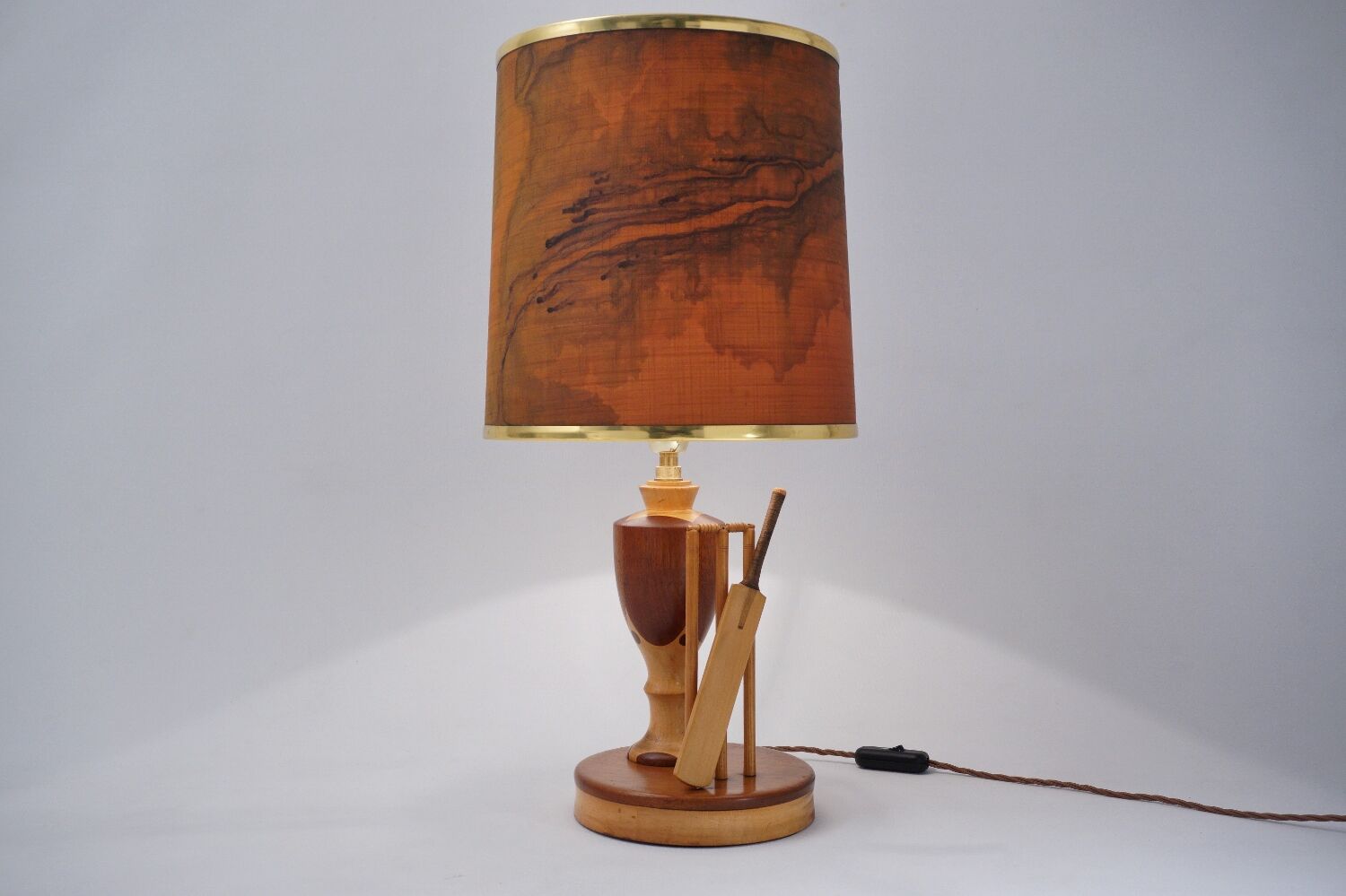 Marquetry wood inlaid table lamp, sport cricket theme, 1950`s ca, English, Rewired