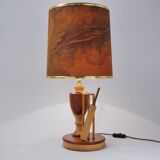 Marquetry wood inlaid table lamp, sport cricket theme, 1950`s ca, English, Rewired