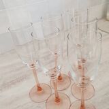 6 champagne flutes with pink stems