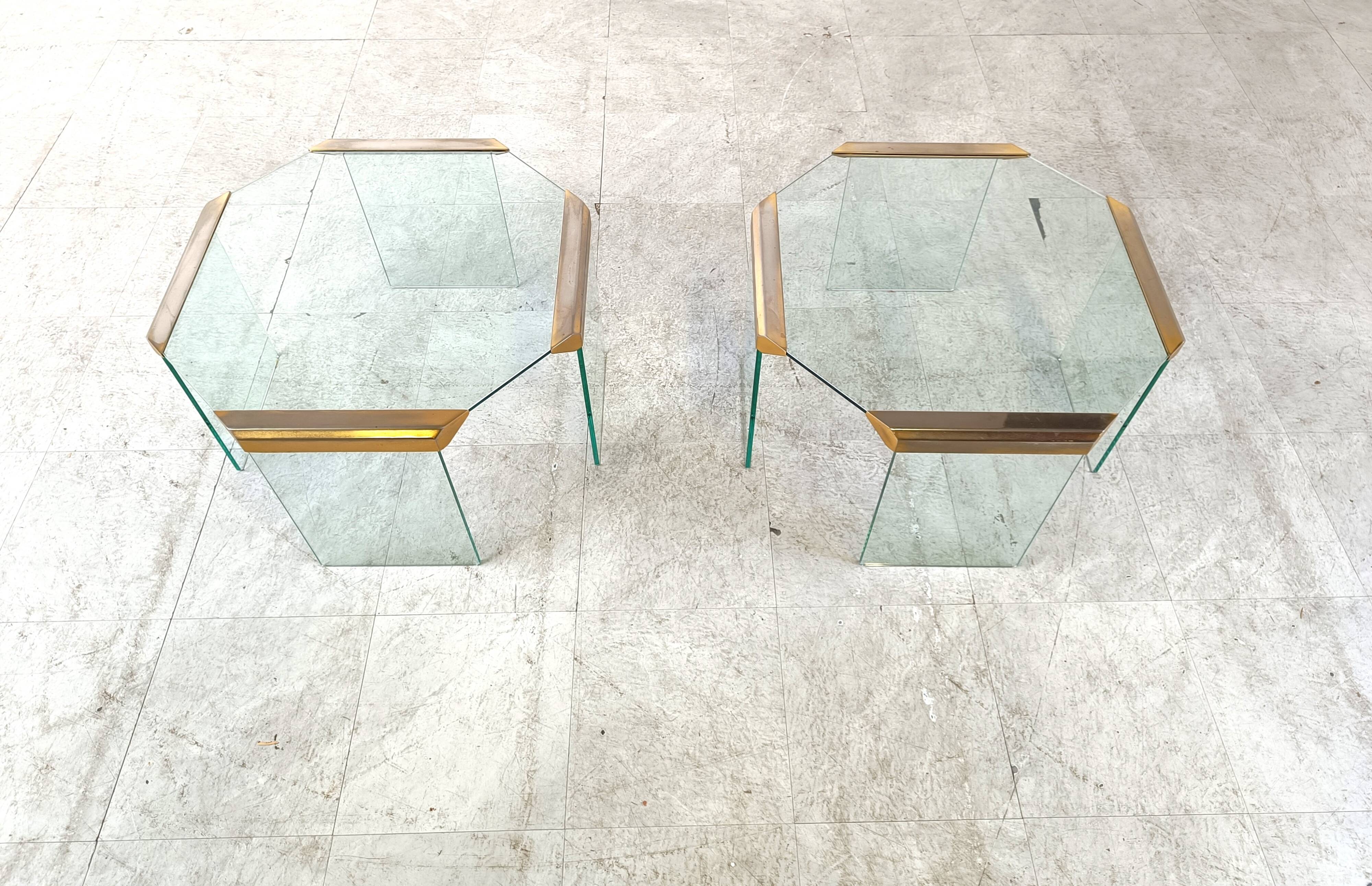 Pair of vintage brass and glass side tables,  1970s